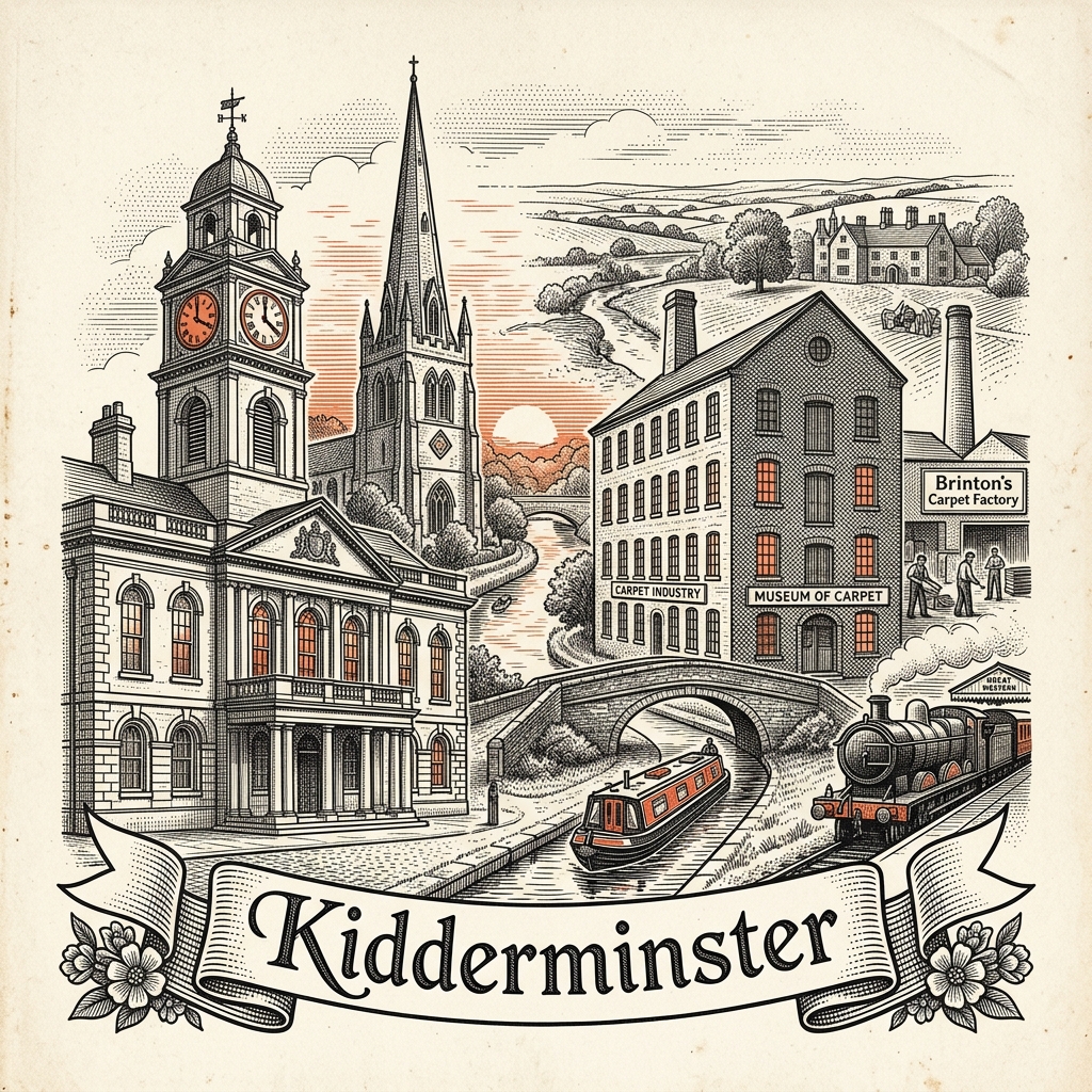 Engraved Kidderminster England city illustration – Severn Valley Railway terminus, Kidderminster Town Hall, Stourport Canal Basin nearby, Bonaccord Carpet Museum, St Mary and All Saints Church – Official Translations certified translation services from £29.95 per page
