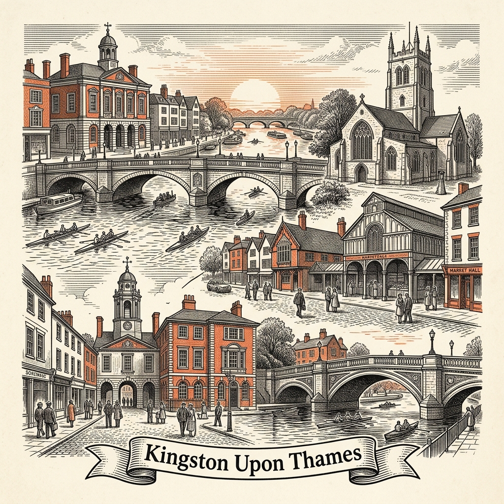 Engraved Kingston upon Thames England city illustration – Kingston Bridge, Coronation Stone, Bentall Centre, Kingston Market House, Out of Order red phone box sculpture – Official Translations certified translation services from £29.95 per page