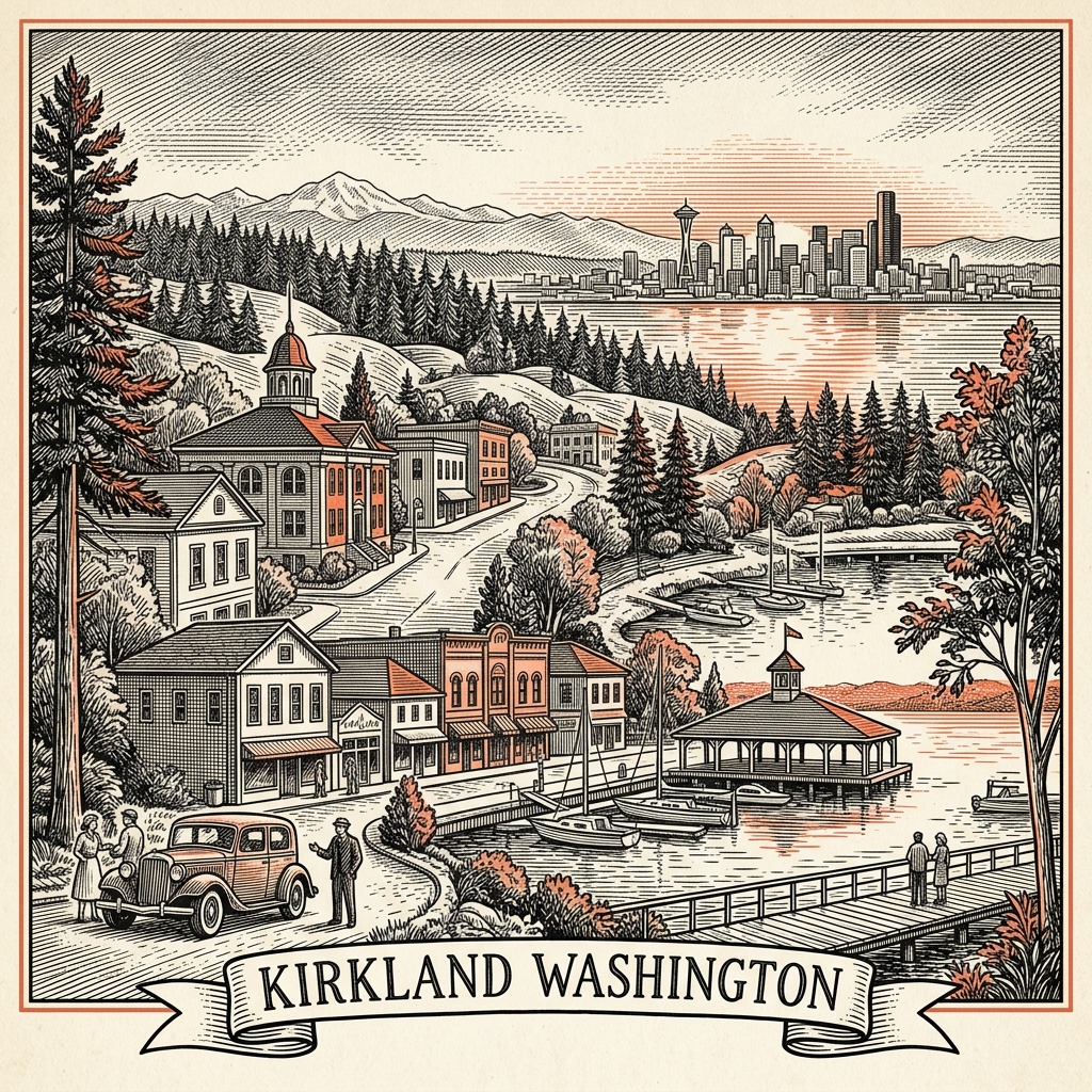 Engraved Kirkland WA city illustration – Official Translations certified translation services from $29.95 per page