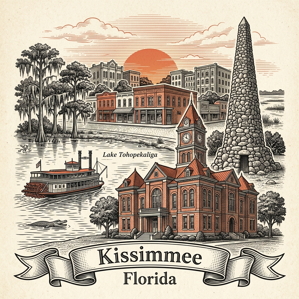 Engraved Kissimmee FL city illustration – Official Translations certified translation services from $29.95 per page