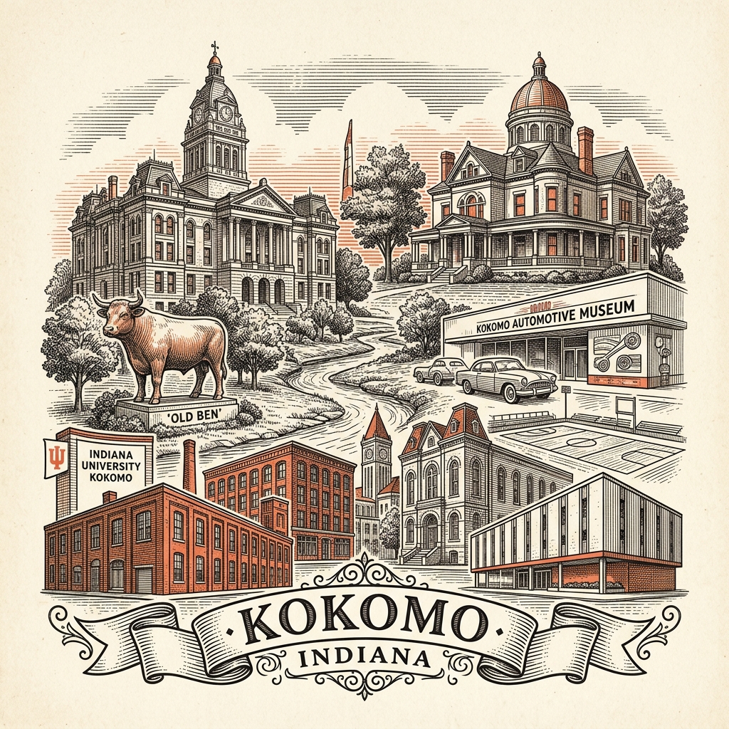 Engraved Kokomo IN city illustration – Official Translations certified translation services from $29.95 per page