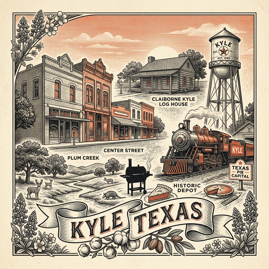 Engraved Kyle TX city illustration – Official Translations certified translation services from $29.95 per page