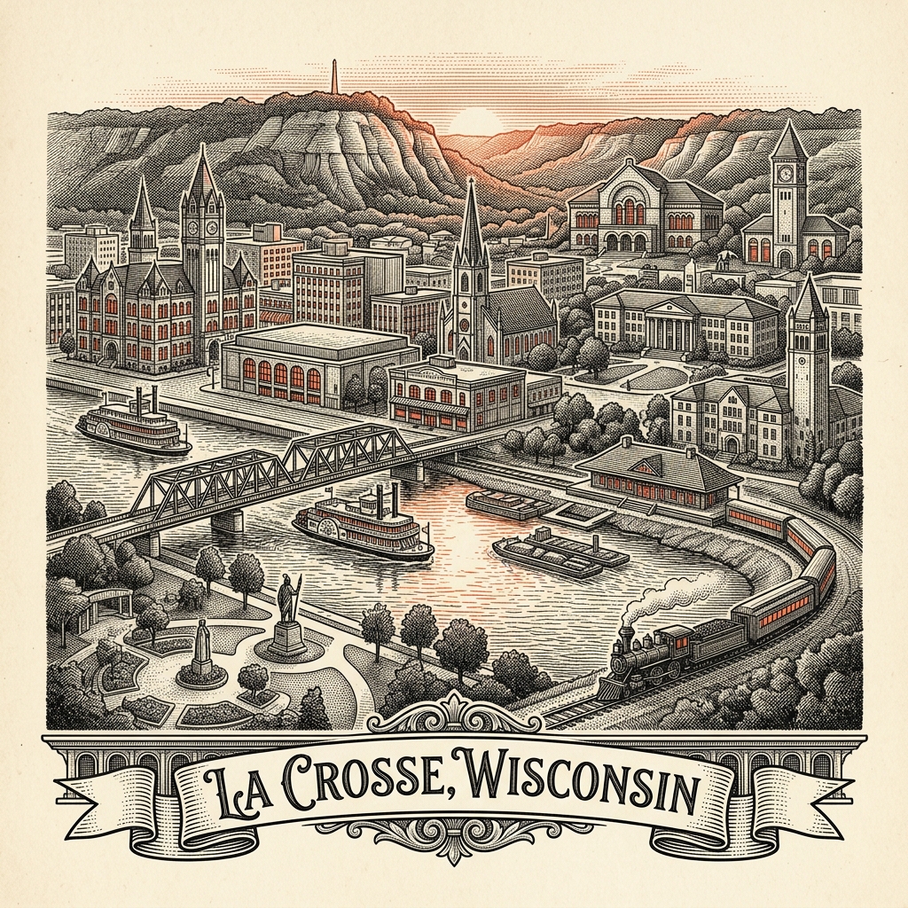 Engraved La Crosse WI city illustration – Official Translations certified translation services from $29.95 per page