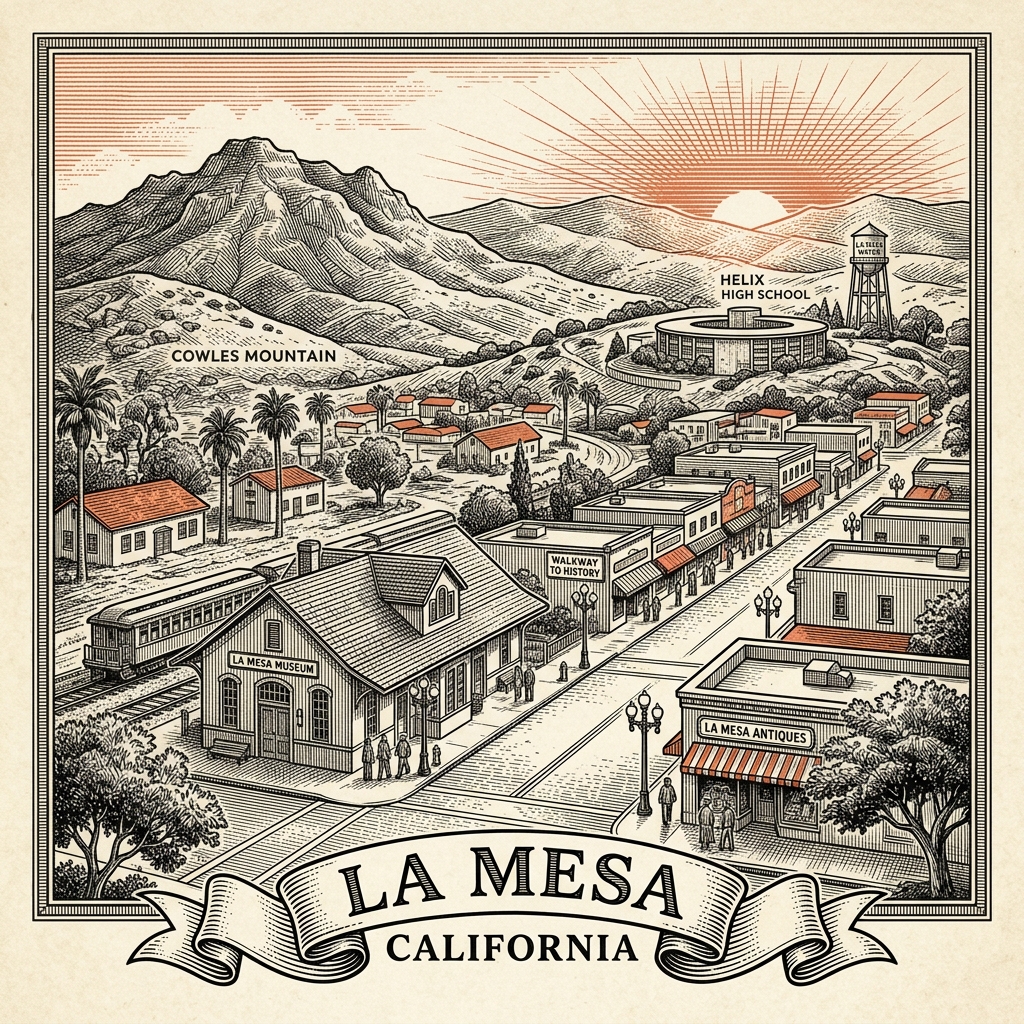 Engraved La Mesa CA city illustration – Official Translations certified translation services from $29.95 per page