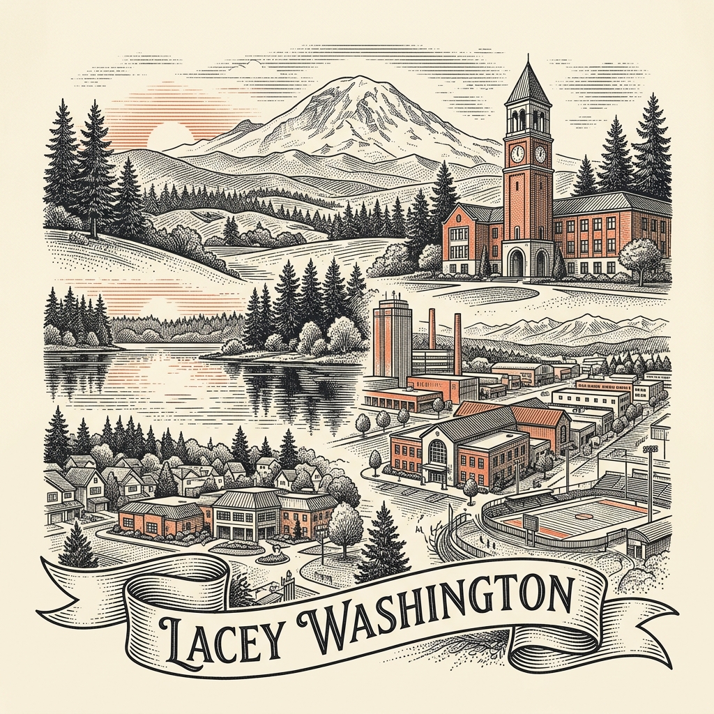 Engraved Lacey WA city illustration – Official Translations certified translation services from $29.95 per page