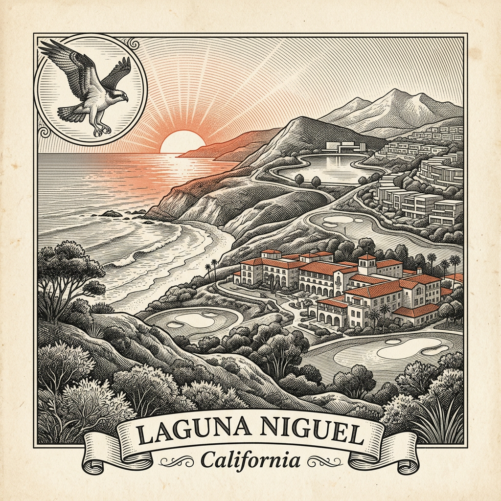 Engraved Laguna Niguel CA city illustration – Official Translations certified translation services from $29.95 per page