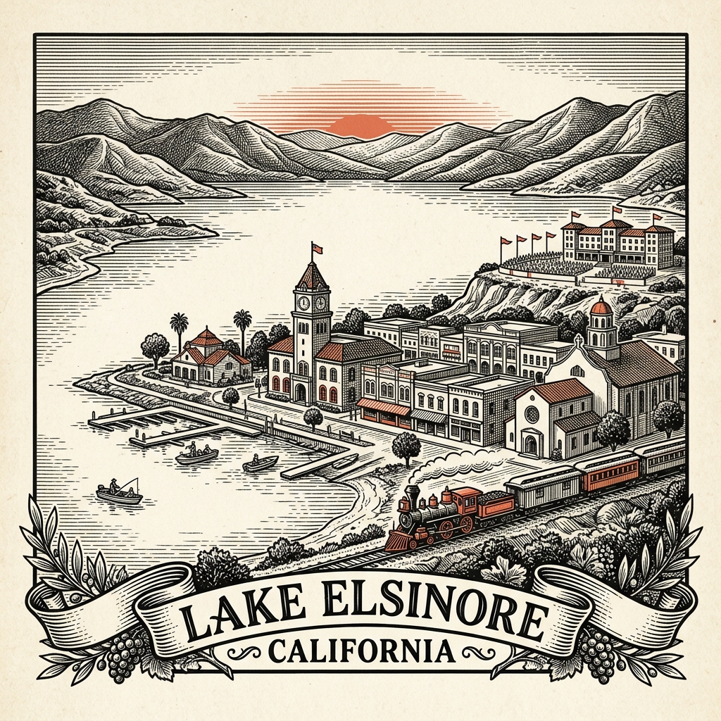 Engraved Lake Elsinore CA city illustration – Official Translations certified translation services from $29.95 per page