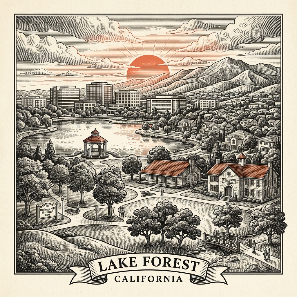 Engraved Lake Forest CA city illustration – Official Translations certified translation services from $29.95 per page