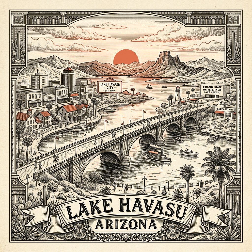 Engraved Lake Havasu City AZ city illustration – Official Translations certified translation services from $29.95 per page