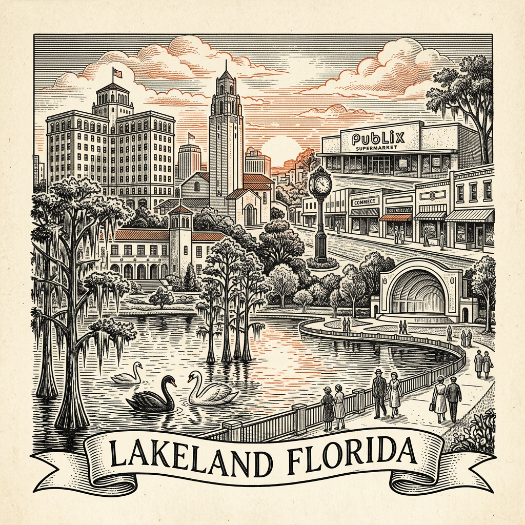 Engraved Lakeland FL city illustration – Official Translations certified translation services from $29.95 per page