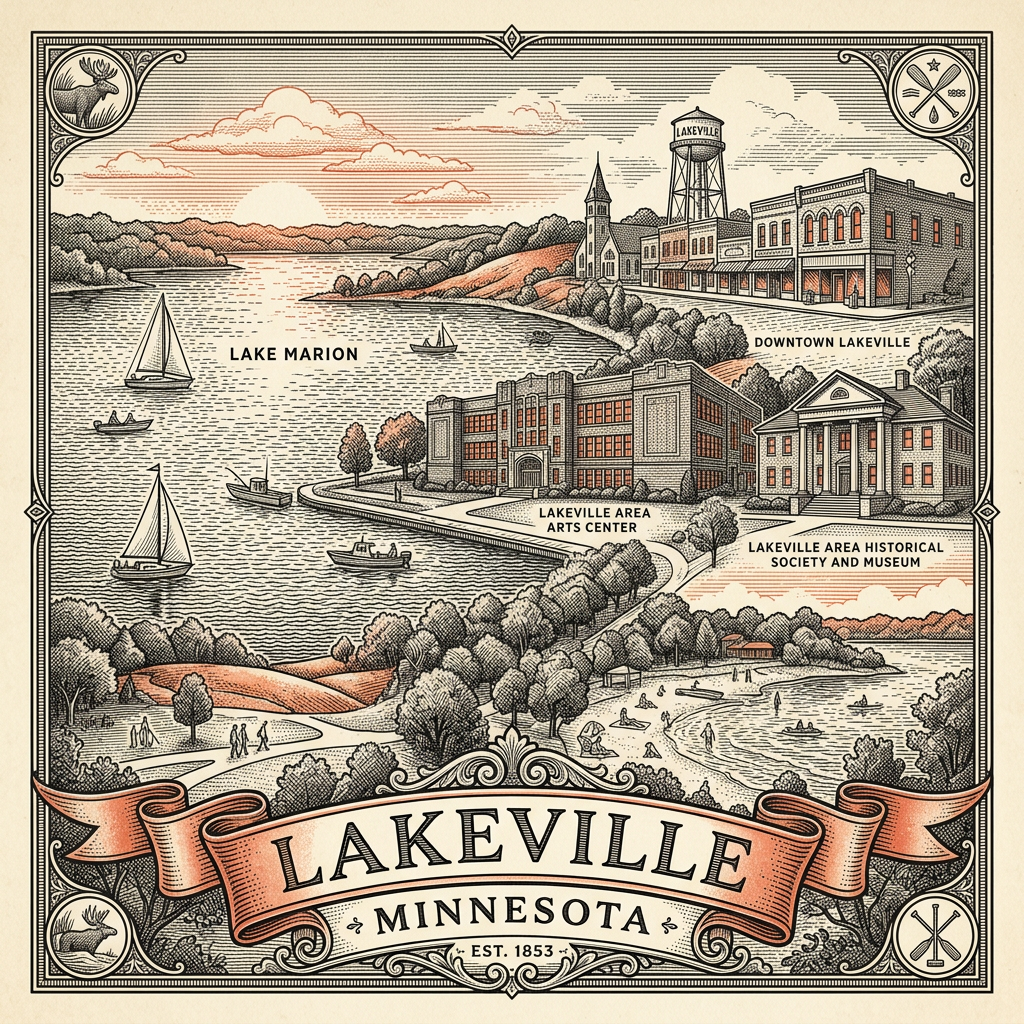 Engraved Lakeville MN city illustration – Official Translations certified translation services from $29.95 per page