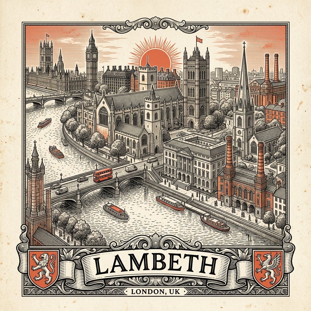 Engraved Lambeth England city illustration – Lambeth Palace, Brixton Academy facade, Brixton Windmill, Vauxhall Bus Station ski-slope roof, Imperial War Museum dome – Official Translations certified translation services from £29.95 per page