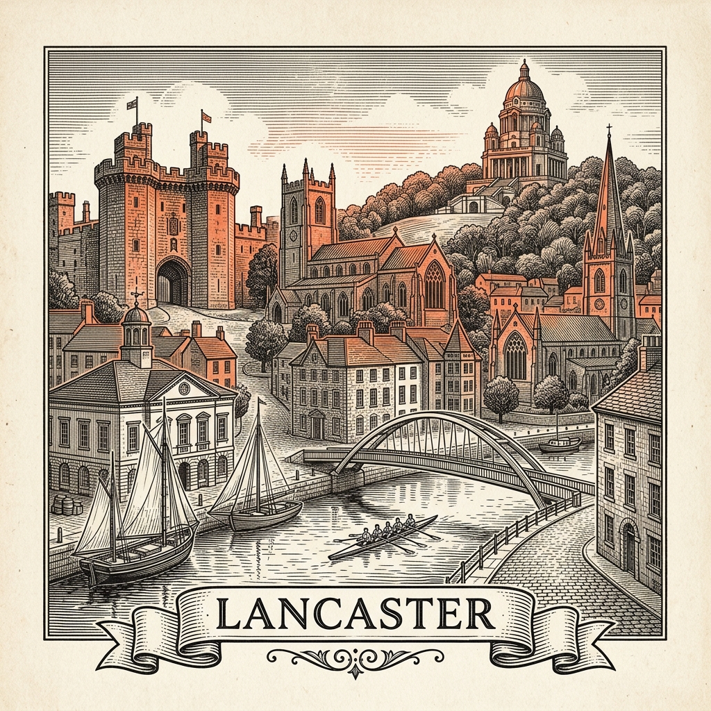 Engraved Lancaster England city illustration – Lancaster Castle and Shire Hall, Ashton Memorial Williamson Park, Lancaster Priory, Lune Aqueduct, Williamson Park butterfly house – Official Translations certified translation services from £29.95 per page
