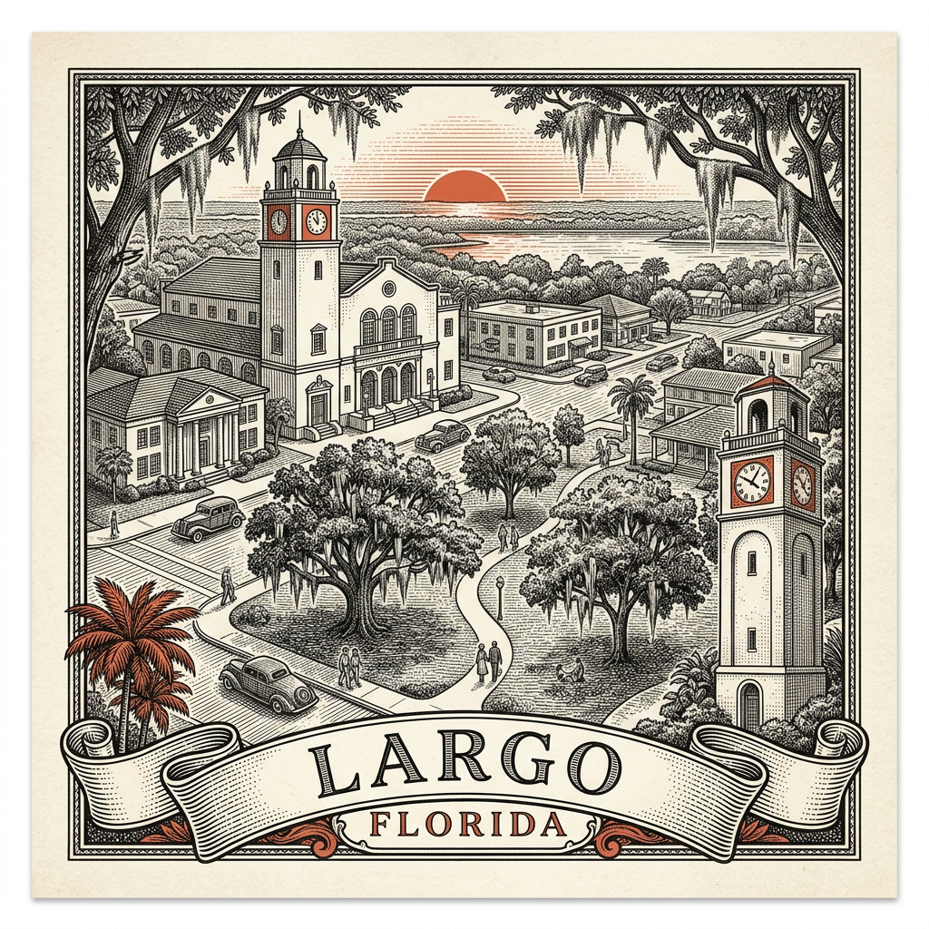 Engraved Largo FL city illustration – Official Translations certified translation services from $29.95 per page