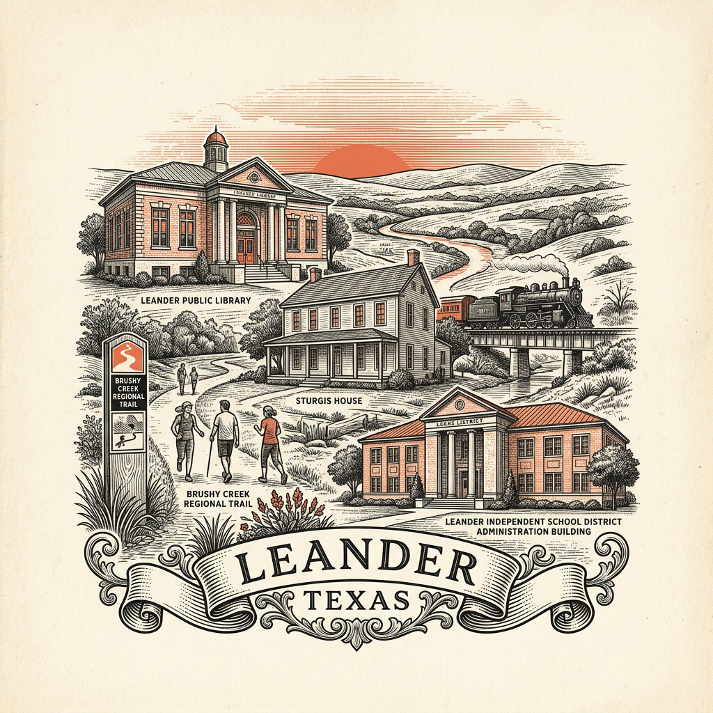 Engraved Leander TX city illustration – Official Translations certified translation services from $29.95 per page