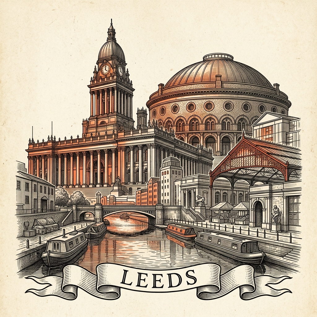 Engraved Leeds England city illustration – Leeds Town Hall clock tower, Corn Exchange dome, Royal Armouries Museum, Leeds Minster, Bridgewater Place skyscraper – Official Translations certified translation services from £29.95 per page