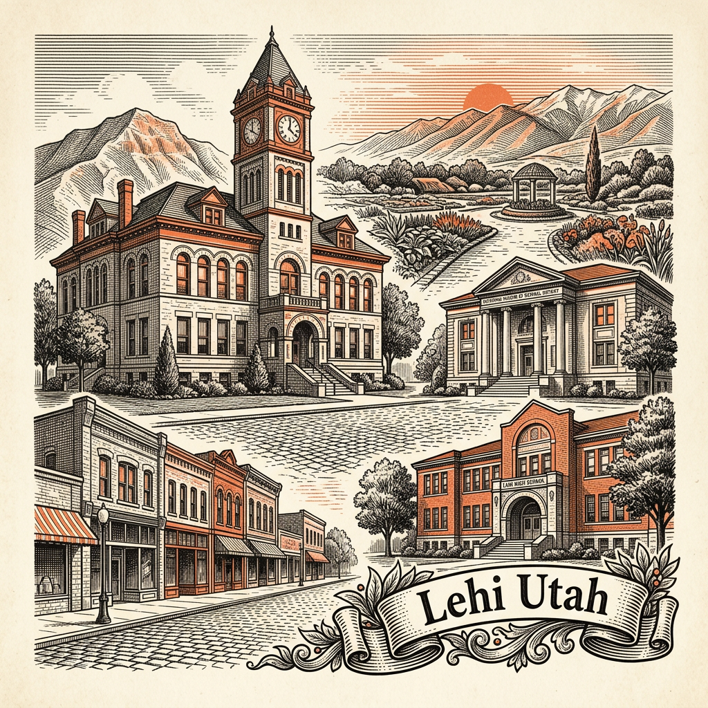Engraved Lehi UT city illustration – Official Translations certified translation services from $29.95 per page