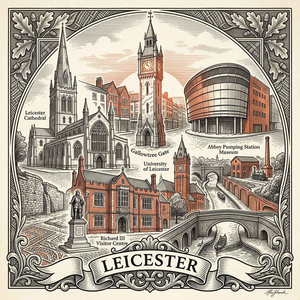 Engraved Leicester England city illustration – King Richard III Visitor Centre, Leicester Cathedral, Jewry Wall Roman remains, Curve theatre, National Space Centre rocket tower – Official Translations certified translation services from £29.95 per page