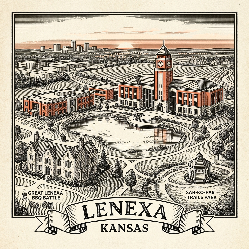 Engraved Lenexa KS city illustration – Official Translations certified translation services from $29.95 per page
