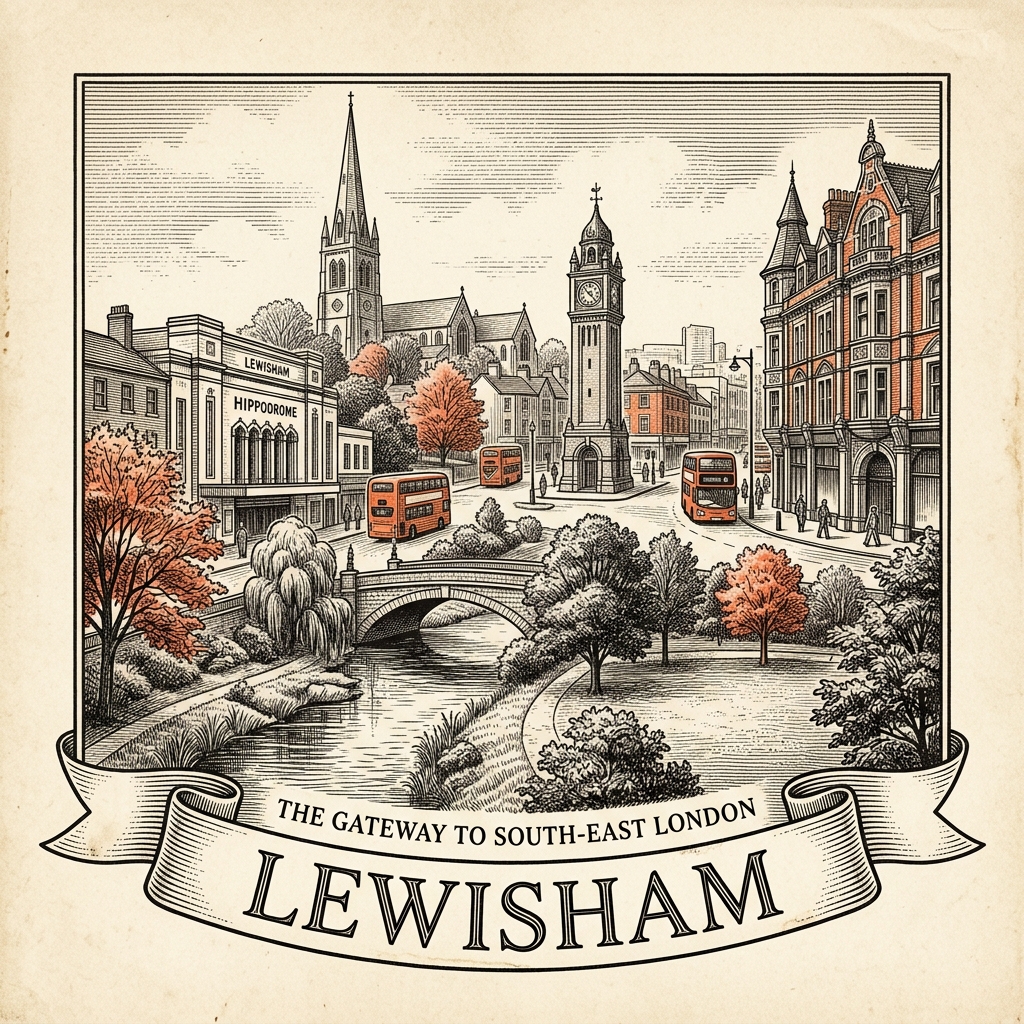 Engraved Lewisham England city illustration – Horniman Museum totem, Lewisham Clock Tower, Deptford Anchor, Goldsmiths College Richard Hoggart Building, Catford Cat statue – Official Translations certified translation services from £29.95 per page