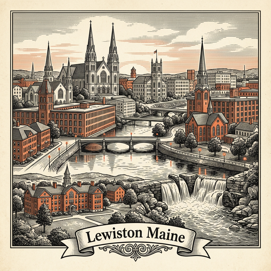 Engraved Lewiston ME city illustration – Official Translations certified translation services from $29.95 per page