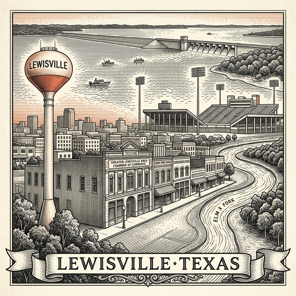 Engraved Lewisville TX city illustration – Official Translations certified translation services from $29.95 per page