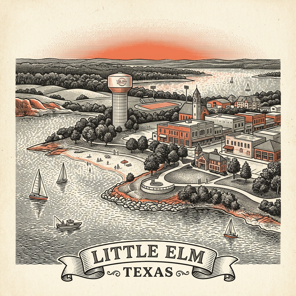 Engraved Little Elm TX city illustration – Official Translations certified translation services from $29.95 per page