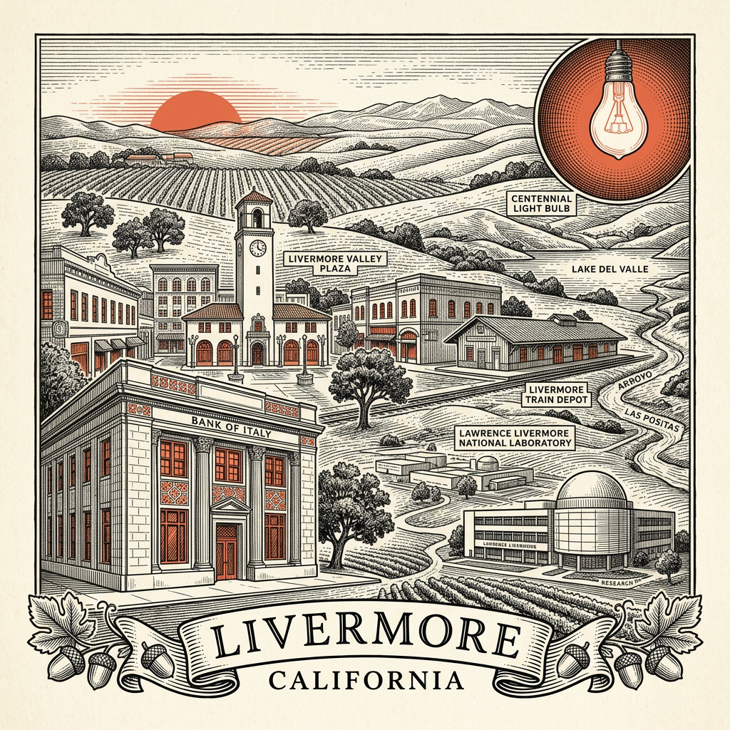 Engraved Livermore CA city illustration – Official Translations certified translation services from $29.95 per page