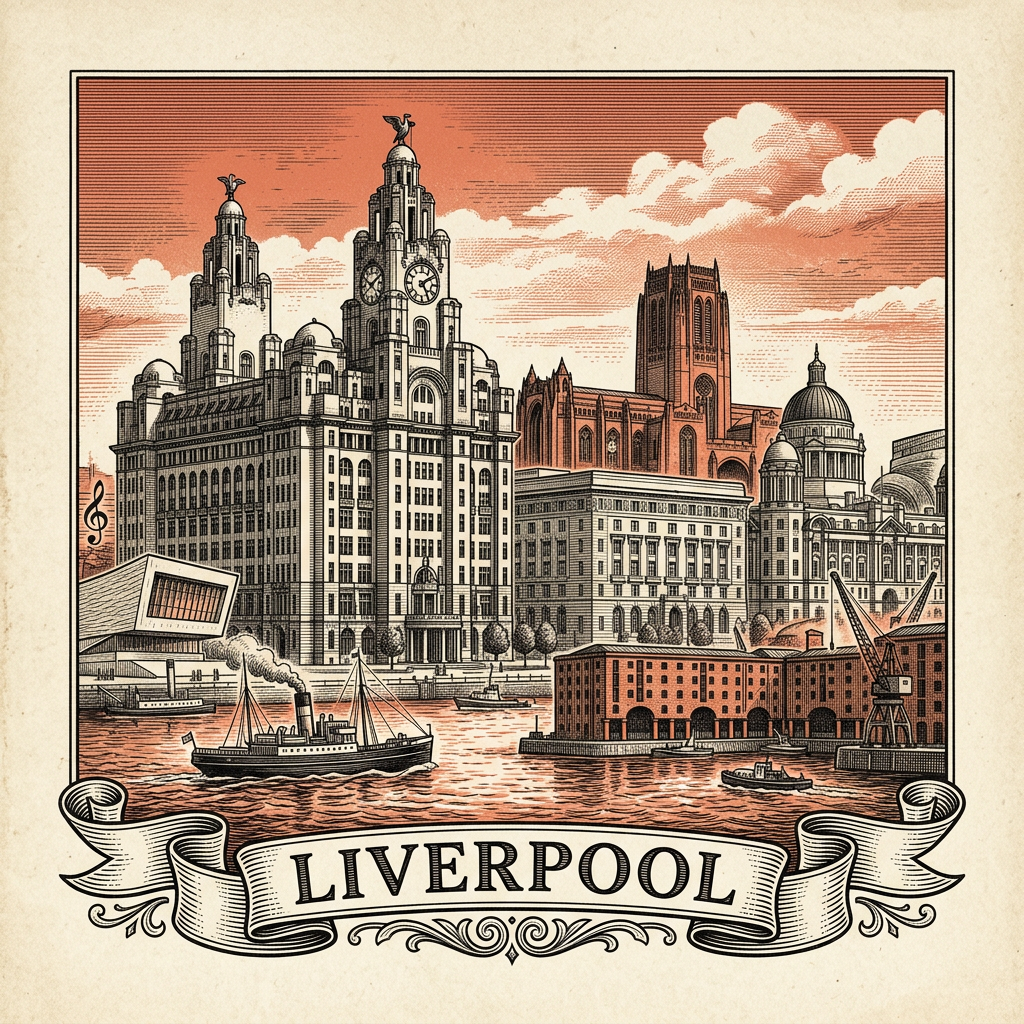 Engraved Liverpool England city illustration – Royal Liver Building, Albert Dock, Liverpool Cathedral, Liverpool Metropolitan Cathedral, Mersey Ferry – Official Translations certified translation services from £29.95 per page