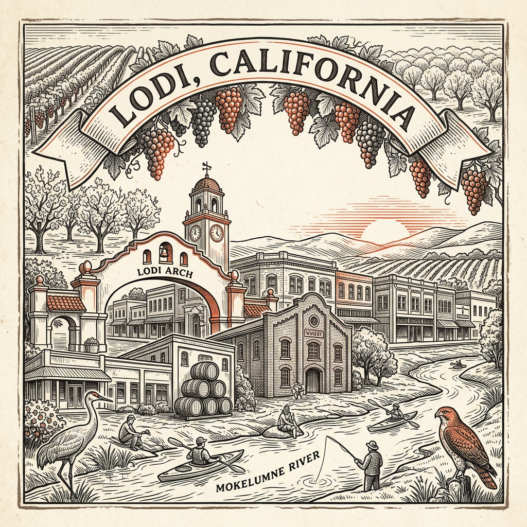 Engraved Lodi CA city illustration – Official Translations certified translation services from $29.95 per page