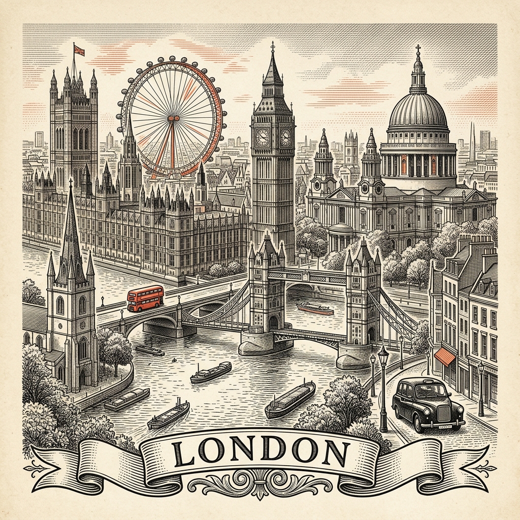 Engraved London England city illustration – Big Ben and Houses of Parliament, Tower Bridge, London Eye, St Paul's Cathedral, The Shard – Official Translations certified translation services from £29.95 per page