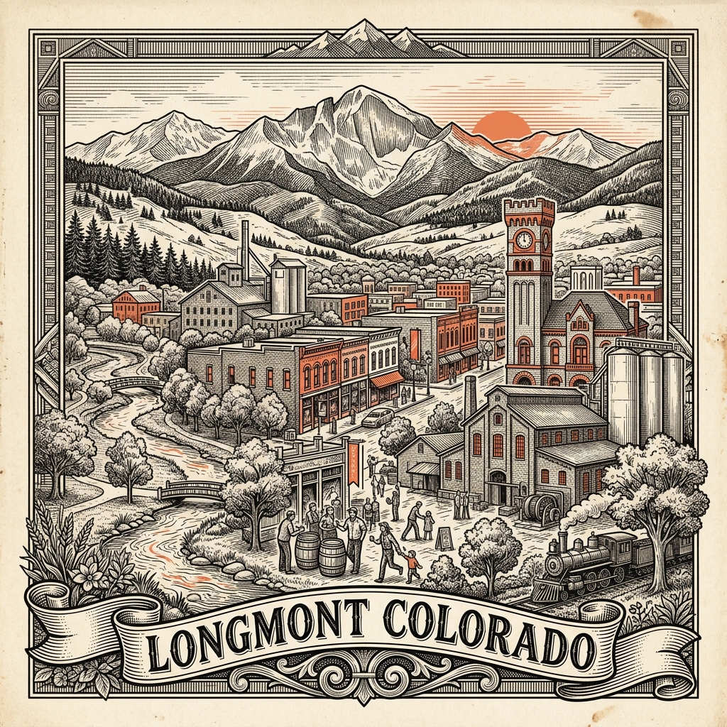 Engraved Longmont CO city illustration – Official Translations certified translation services from $29.95 per page
