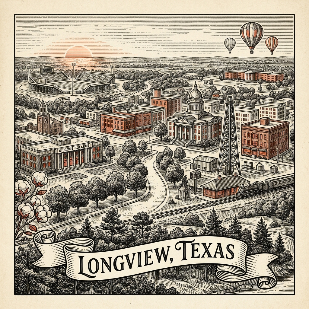Engraved Longview TX city illustration – Official Translations certified translation services from $29.95 per page