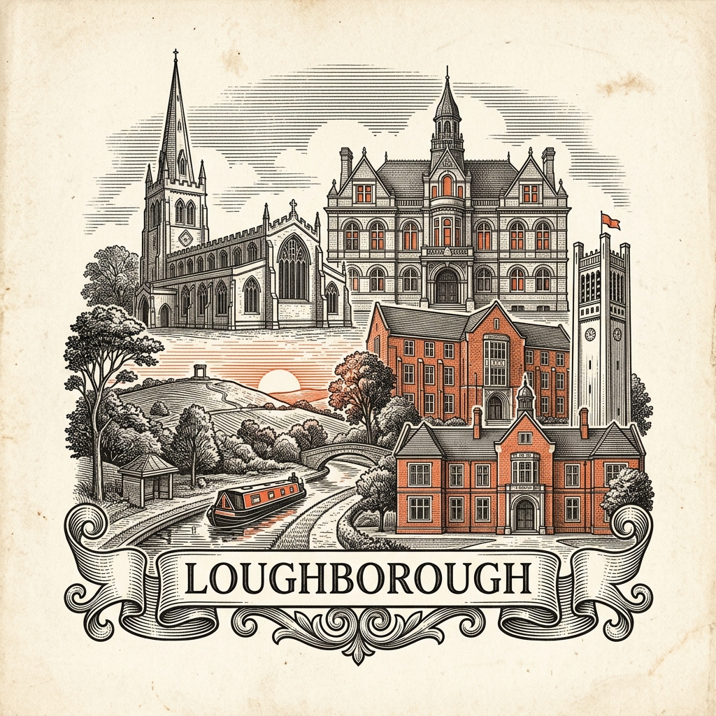Engraved Loughborough England city illustration – Loughborough University campus and Carillon War Memorial Tower, Great Central Railway, Charnwood Museum, Loughborough Town Hall, Taylor's Bell Foundry – Official Translations certified translation services from £29.95 per page