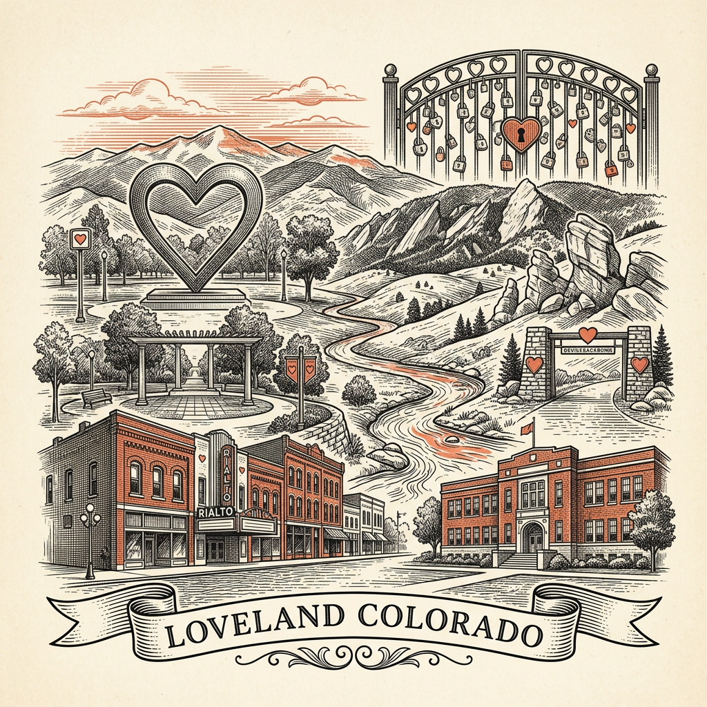 Engraved Loveland CO city illustration – Official Translations certified translation services from $29.95 per page
