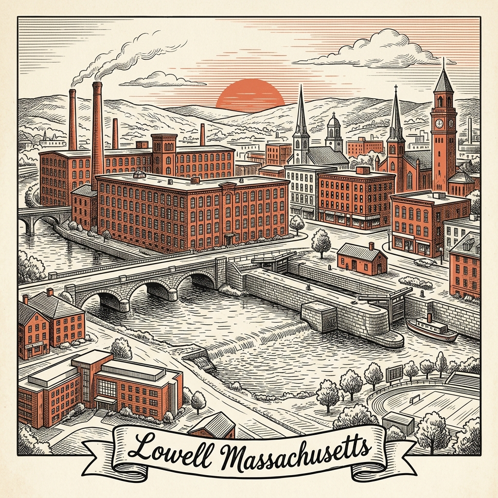 Engraved Lowell MA city illustration – Official Translations certified translation services from $29.95 per page