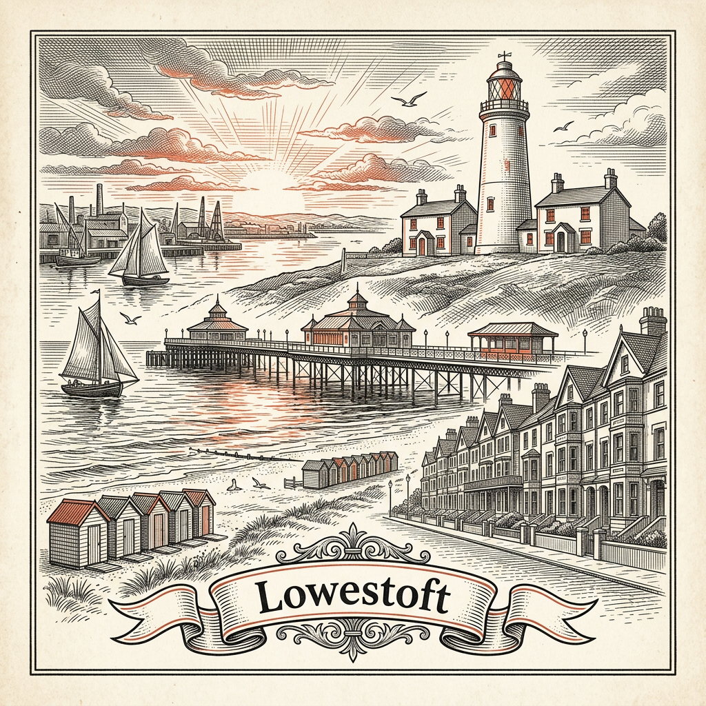 Engraved Lowestoft England city illustration – Ness Point, Lowestoft Lighthouse, Claremont Pier, the swing bridge over Lake Lothing, Sparrow's Nest Gardens – Official Translations certified translation services from £29.95 per page