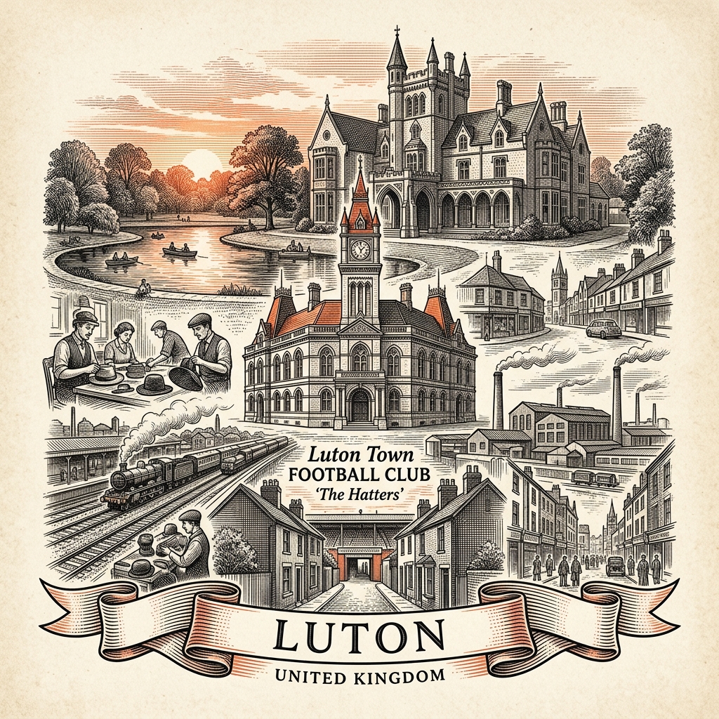 Engraved Luton England city illustration – London Luton Airport control tower, St Mary's Church, Wardown House Museum, Stockwood Discovery Centre, The Hat Factory – Official Translations certified translation services from £29.95 per page