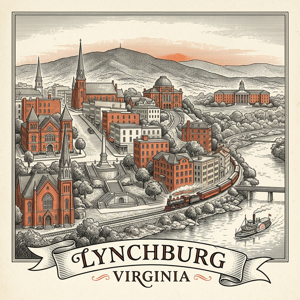 Engraved Lynchburg VA city illustration – Official Translations certified translation services from $29.95 per page