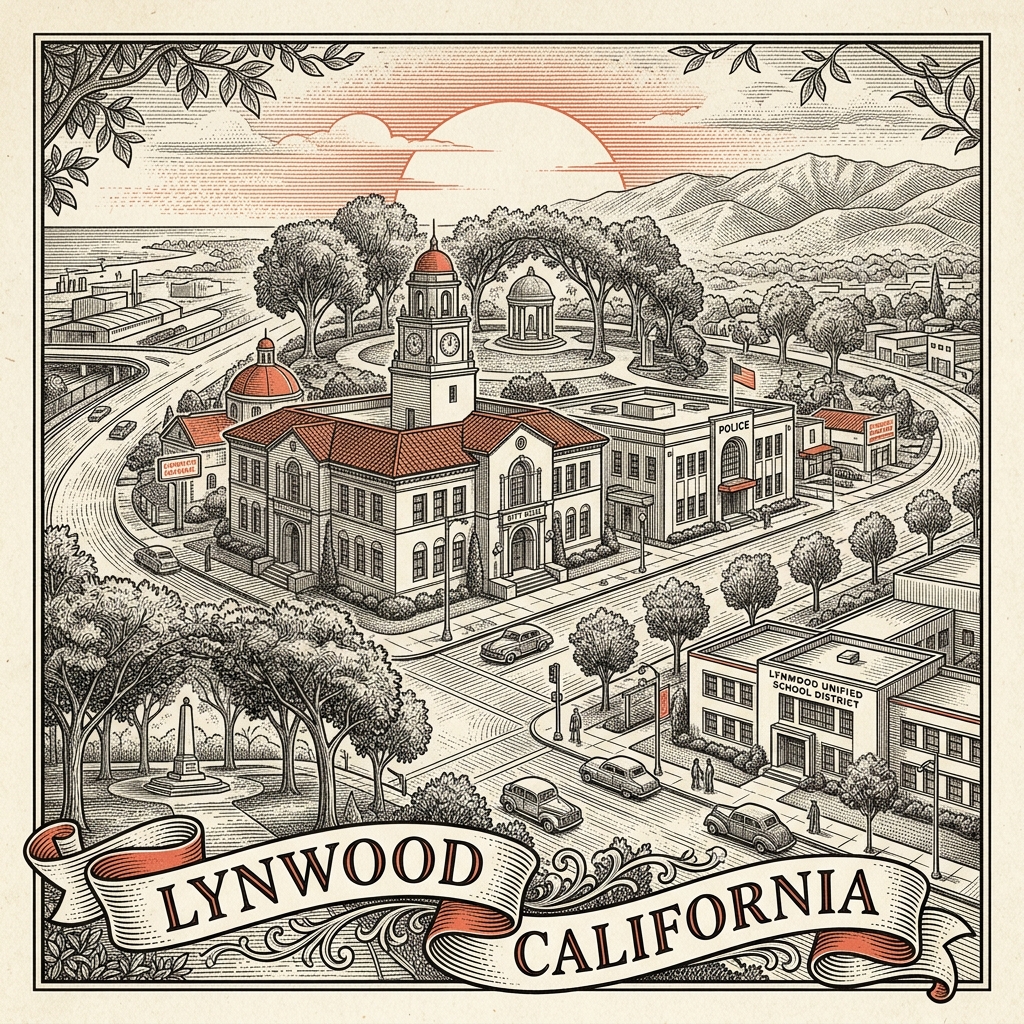 Engraved Lynwood CA city illustration – Official Translations certified translation services from $29.95 per page