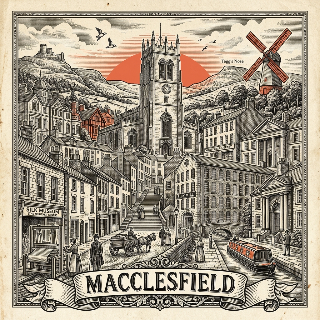 Engraved Macclesfield England city illustration – West Park and Macclesfield Silk Museum, Christ Church and St Michael's Church, Macclesfield Canal, Hovis Mill, Tegg's Nose Country Park – Official Translations certified translation services from £29.95 per page
