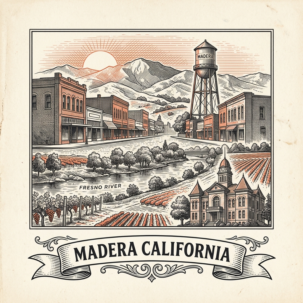 Engraved Madera CA city illustration – Official Translations certified translation services from $29.95 per page
