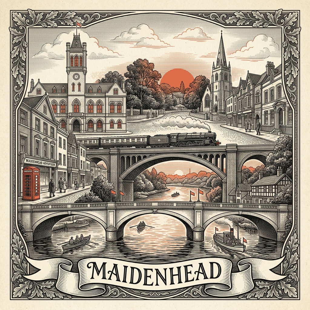 Engraved Maidenhead England city illustration – Maidenhead Bridge over the Thames, Brunel's Sounding Arch railway bridge, Boulter's Lock, Norden Farm Centre for the Arts, Cliveden estate nearby – Official Translations certified translation services from £29.95 per page