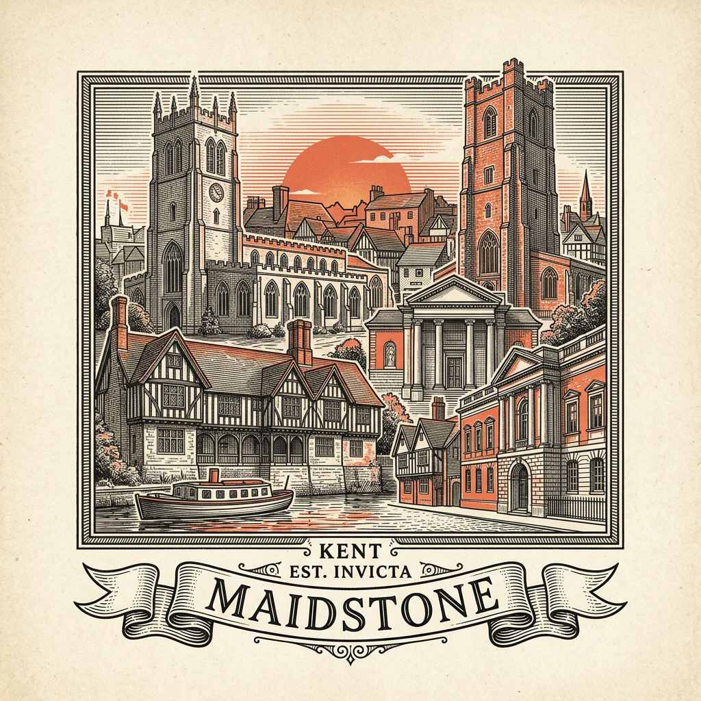 Engraved Maidstone England city illustration – Maidstone Castle (Archbishop's Palace), All Saints' Church, River Medway, Leeds Castle nearby, Maidstone County Hall – Official Translations certified translation services from £29.95 per page