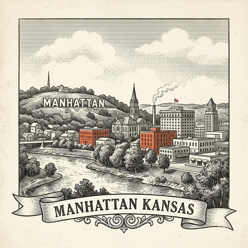 Engraved Manhattan KS city illustration – Official Translations certified translation services from $29.95 per page
