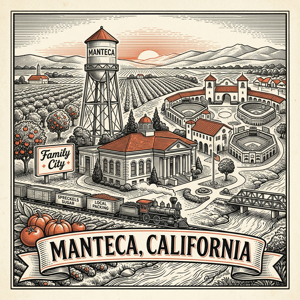 Engraved Manteca CA city illustration – Official Translations certified translation services from $29.95 per page