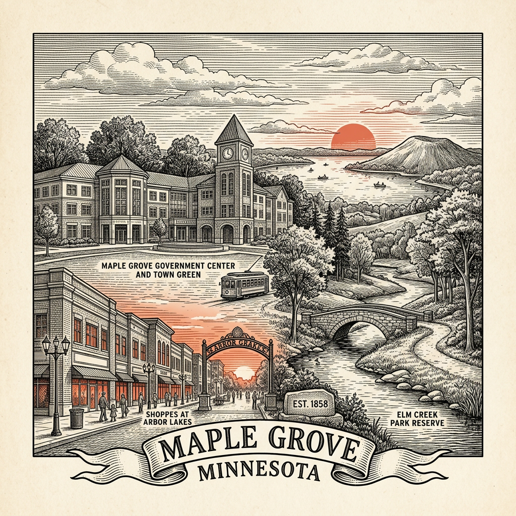 Engraved Maple Grove MN city illustration – Official Translations certified translation services from $29.95 per page