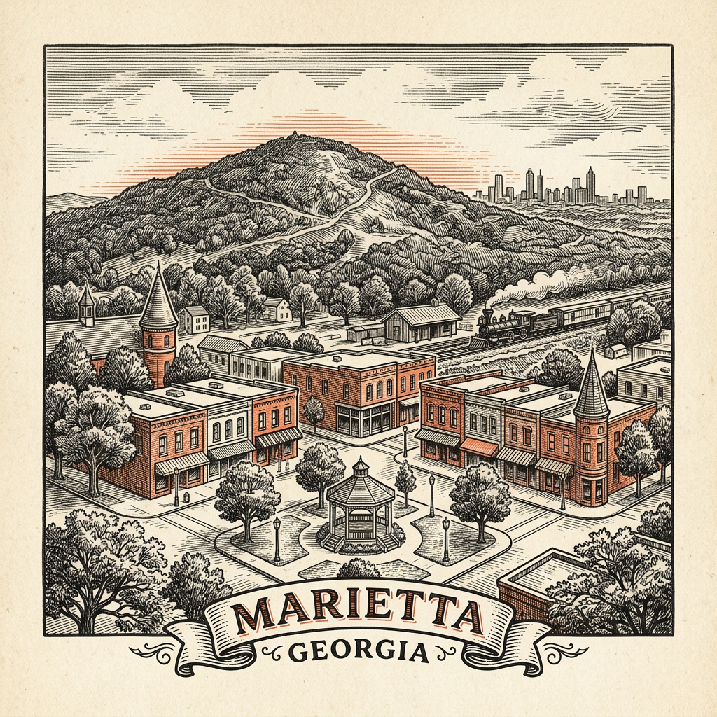 Engraved Marietta GA city illustration – Official Translations certified translation services from $29.95 per page