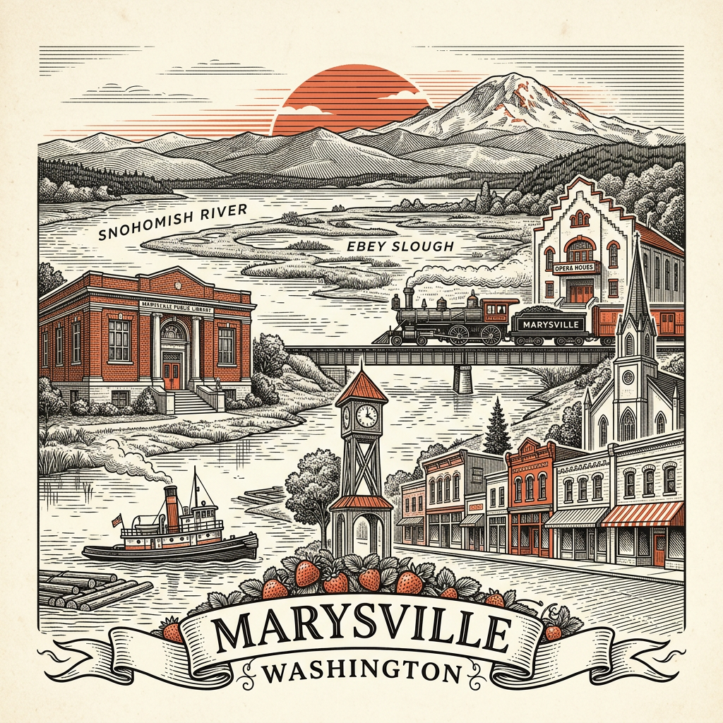 Engraved Marysville WA city illustration – Official Translations certified translation services from $29.95 per page