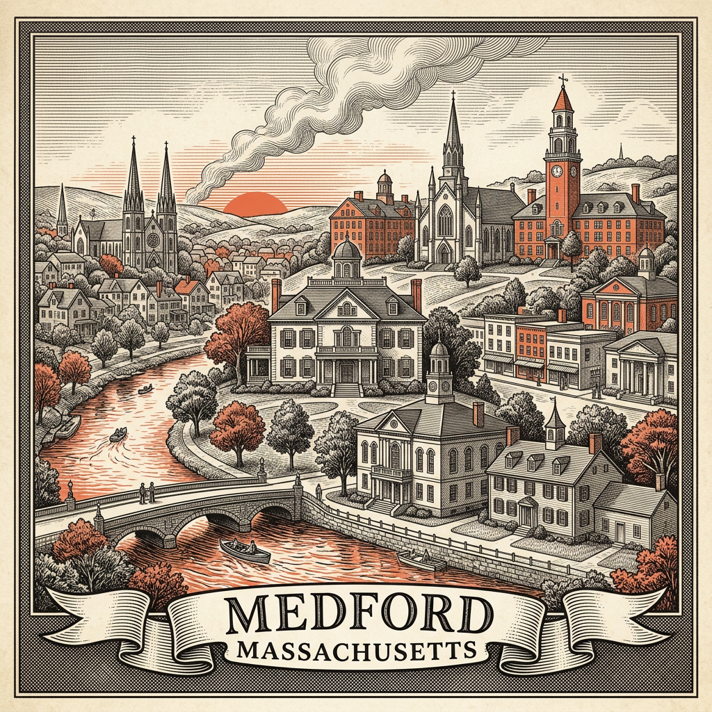 Engraved Medford MA city illustration – Official Translations certified translation services from $29.95 per page